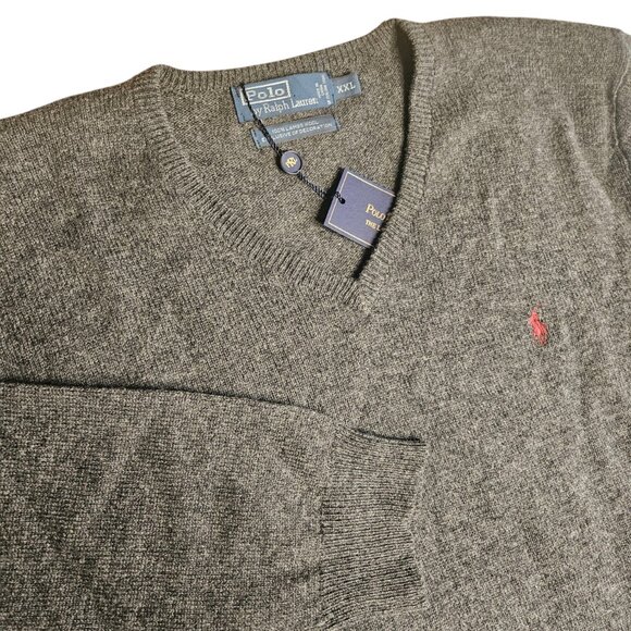NWT Polo Ralph Lauren Mens 100% Lambswool V Neck Sweater SZ XXL Gray Pony Preppy - Picture 1 of 13